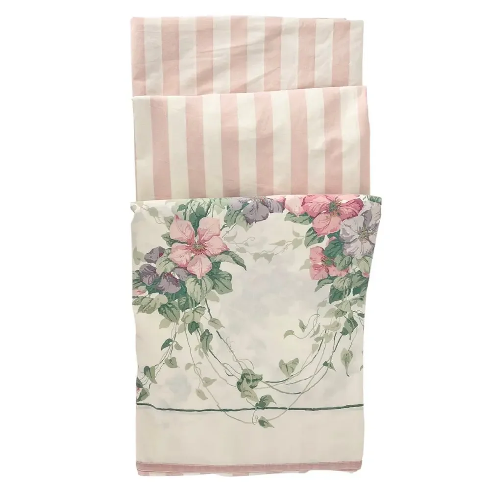 Vintage 90s Cottagecore Floral Pink Stripe Sheet King Flat 1990s Villa De Lyon